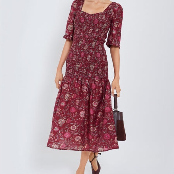 NWT SEA Famke Smocked Heart Neck Midi Dress In Magenta Sz 10 - Picture 1 of 15